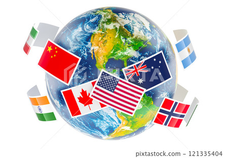 Flags around the Earth Globe. International global communication, concept. 3D rendering 121335404
