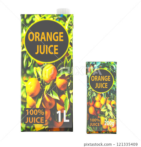 Orange juice packs. Carton packaging container box with plastic cap and small pack orange juice carton with straw. 3D rendering Orange juice packs. Carton packaging container box with plastic cap and small pack orange juice carton with straw. 3D rendering 121335409