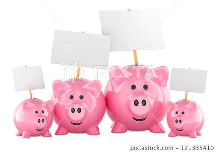 Piggy bank family with blank placards, 3D rendering Piggy bank family with blank placards, 3D rendering 121335410