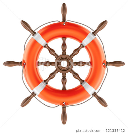 Safety at sea, concept. Steering wheel ship with lifebelt, 3D rendering 121335412