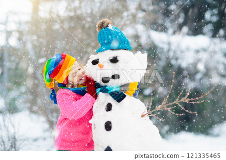 Kids build a snowman in winter park. Snow fun. Kids build a snowman in winter park. Snow fun. 121335465