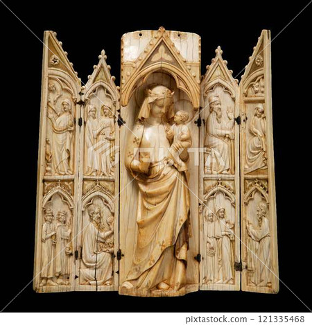 14th Century French Gothic Ivory Folding Shrine with Virgin and Child 121335468