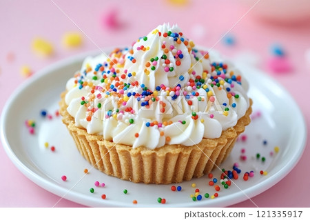 Delicious mini tart with whipped cream and colorful sprinkles on pink background Delicious mini tart with whipped cream and colorful sprinkles on pink background 121335917