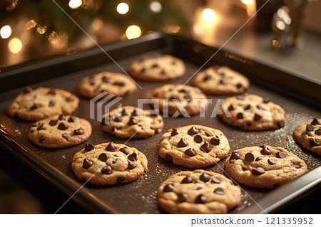 Freshly baked chocolate chip cookies cooling on baking sheet Freshly baked chocolate chip cookies cooling on baking sheet 121335952