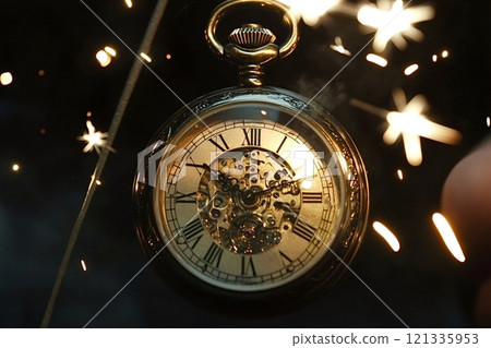 Elegant pocket watch celebrating new year's eve with sparkles Elegant pocket watch celebrating new year's eve with sparkles 121335953