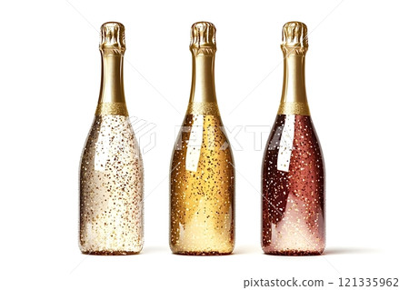 Three champagne bottles sparkling with glitter on white background 121335962