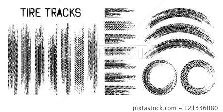 Grunge tire tracks, wheel braking marks. Truck, car or motorcycle tread pattern silhouettes. Auto race, motorsport, speed racing design element. Vector illustration 121336080