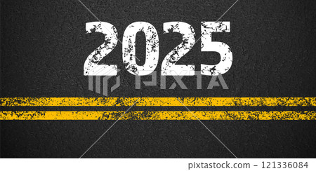 Asphalt road with yellow lane marking, concrete highway surface, texture. New year 2025. Street traffic line, road dividing strip. Pattern grainy structure, grunge background. Vector illustration 121336084