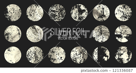 Grunge silver foil, shiny handmade circles. Golden glittering texture, pattern. Luxury shining hand drawn background. Wedding, greeting card decoration elements. Modern art. Vector illustration 121336087