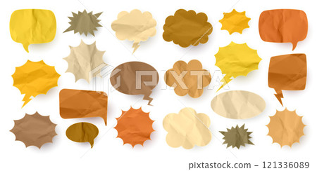 Crumpled brown paper comic speech bubbles. Hand drawn retro cartoon stickers. Pop art style. Old, vintage dialog boxes with cardboard texture. Vector illustration 121336089