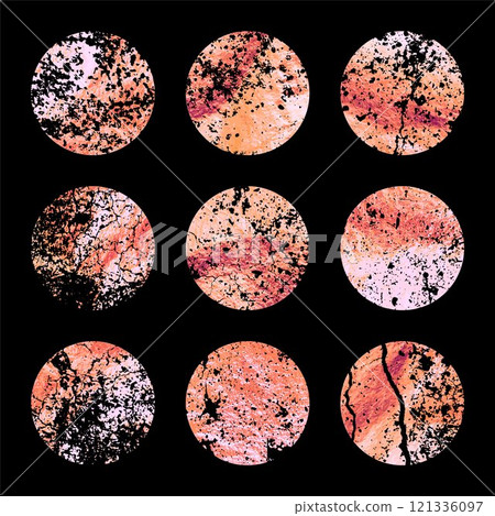 Grunge rose gold foil, shiny handmade circles. Golden glittering texture, pattern. Luxury shining hand drawn background. Wedding, greeting card decoration elements. Modern art. Vector illustration 121336097