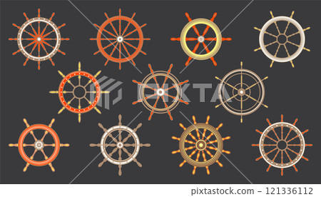 Wooden vintage steering wheels. Ship, sailboat or yacht retro wheel symbol. Colorful nautical rudder icon. Marine logotype design element. Vector illustration Wooden vintage steering wheels. Ship, sailboat or yacht retro wheel symbol. Colorful nautical rudder icon. Marine logotype design element. Vector illustration 121336112