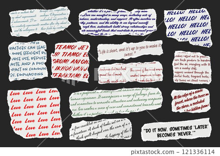 Ripped paper strips with handwritten text. Realistic crumpled paper scraps with torn edges. Shreds of notebook, book or old newspaper pages. Trendy collage elements. Vector illustration 121336114