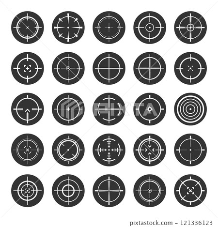Round sniper rifle sights, weapon optical scope crosshair. Hunting gun viewfinder. Shooting mark symbol, aim. Military target sign. Game interface UI element. Vector illustration 121336123