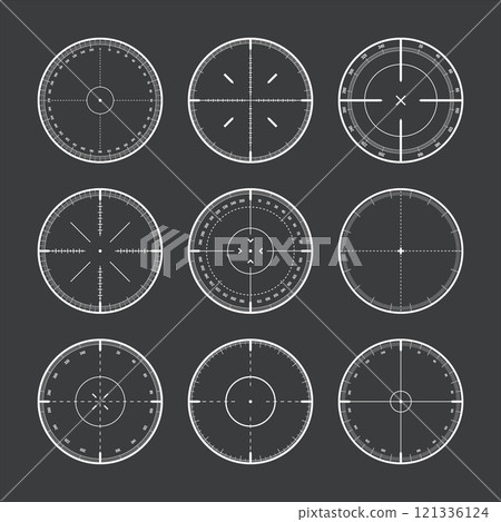 Various sniper rifle sights with degree scale, weapon optical scope crosshair. Hunting gun viewfinder. Shooting mark symbol, aim. Military target sign. Game interface UI element. Vector illustration Various sniper rifle sights with degree scale, weapon optical scope crosshair. Hunting gun viewfinder. Shooting mark symbol, aim. Military target sign. Game interface UI element. Vector illustration 121336124