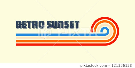 Horizontal vintage sunset. Various colorful striped sunrise badges in 80s and 90s style. Sun and ocean view, summer vibes, surfing. Design element, print, logo or t-shirt. Vector illustration 121336138