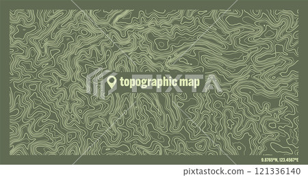 Colorful topographic map with contour lines. Geographic terrain grid, relief height elevation. Ground path pattern. Travel and navigation, cartography design element. Vector illustration 121336140