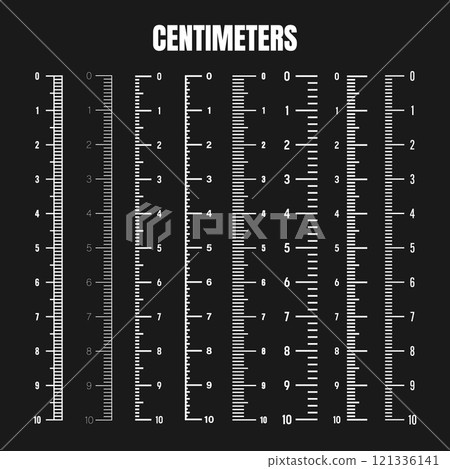 Vertical centimeter scale for measuring length or height. Various measurement scales with divisions. Ruler, tape measure marks, size indicators. Vector illustration Vertical centimeter scale for measuring length or height. Various measurement scales with divisions. Ruler, tape measure marks, size indicators. Vector illustration 121336141
