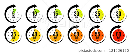 Stopwatch icons with pointer arrow. Colorful chronometer, time counter with dial. Countdown time, hours and minutes. Deadline, sport measurement. Cooking time label, sticker. Vector illustration Stopwatch icons with pointer arrow. Colorful chronometer, time counter with dial. Countdown time, hours and minutes. Deadline, sport measurement. Cooking time label, sticker. Vector illustration 121336150