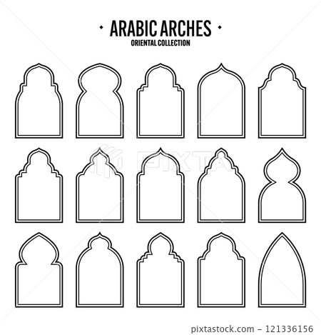 Islamic frames, oriental style objects. Arabic shapes, windows and arches. Traditional ornamental banner, frame. Muslim holidays, Ramadan Kareem. Modern eastern architecture. Vector illustration Islamic frames, oriental style objects. Arabic shapes, windows and arches. Traditional ornamental banner, frame. Muslim holidays, Ramadan Kareem. Modern eastern architecture. Vector illustration 121336156