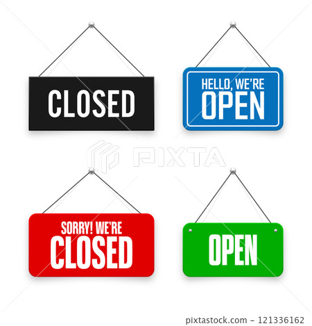 Realistic open or closed hanging signboards. Vintage door sign for cafe, restaurant, bar or retail store. Announcement banner, information signage for business or service. Vector illustration Realistic open or closed hanging signboards. Vintage door sign for cafe, restaurant, bar or retail store. Announcement banner, information signage for business or service. Vector illustration 121336162