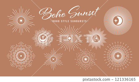 Vintage sunburst, sunset beams collection. Boho style, modern minimalist bohemian design. Hand drawn bursting sun, light rays. Logotype or lettering design element in retro style. Vector illustration 121336165