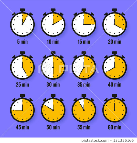 Stopwatch icons. Colorful simple chronometer, time counter with dial. Countdown timer showing hours and minutes. Deadline, measurement for sport. Cooking time label, sticker. Vector illustration 121336166