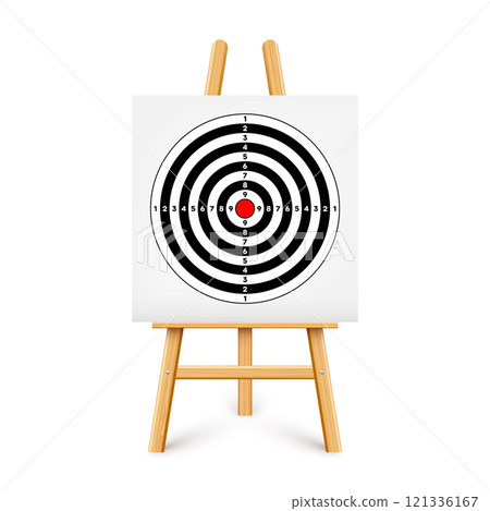 Shooting range target on a wooden easel stand. Paper target with divisions, marks and numbers. Archery, gun shooting and training, sport competition, hunting. Bullseye and aim. Vector illustration 121336167