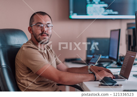 A programmer diligently testing smartphone applications while sitting in their office. 121336523