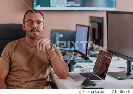 A programmer diligently testing smartphone applications while sitting in their office. 121336658