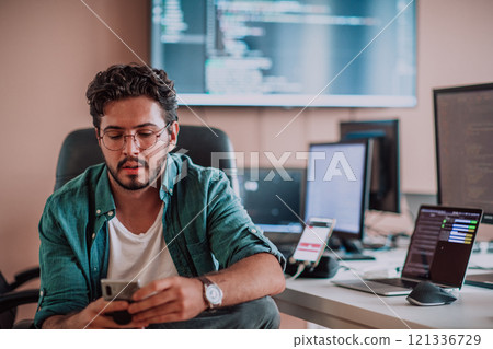 A programmer diligently testing smartphone applications while sitting in their office. 121336729