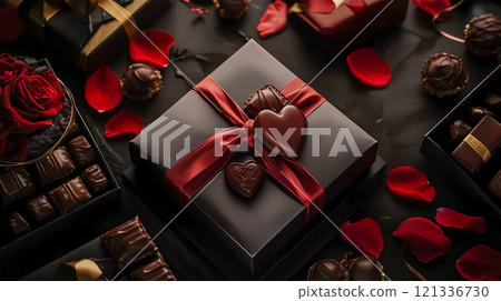 Image of red petals and Valentine's chocolate gift Image of red petals and Valentine's chocolate gift 121336730