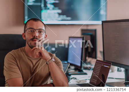 A programmer diligently testing smartphone applications while sitting in their office. A programmer diligently testing smartphone applications while sitting in their office. 121336754