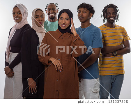 A diverse group of teenagers strikes dynamic poses with smiles and individual styles against a clean white backdrop, portraying the energetic spirit, unity, and varied personalities of modern youth A diverse group of teenagers strikes dynamic poses with smiles and individual styles against a clean white backdrop, portraying the energetic spirit, unity, and varied personalities of modern youth 121337238