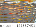 Wicker basket texture. Fruits can be seen behind the wall of the basket. High quality photo 121337451