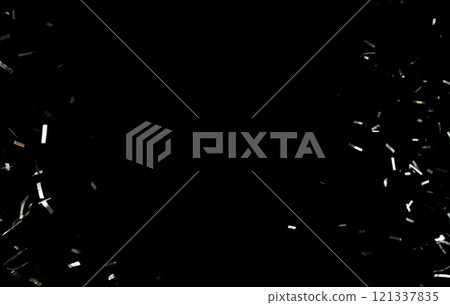 Many Party glitter scatter in many group. Silver Confetti Foil fall splashing in air. Silver Confetti Foil explosion flying, abstract cloud fly. Black background isolated element freeze 121337835