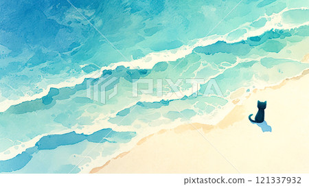 白天站在海灘上的黑貓後視圖的水彩插圖景觀 白天站在海灘上的黑貓後視圖的水彩插圖景觀 121337932