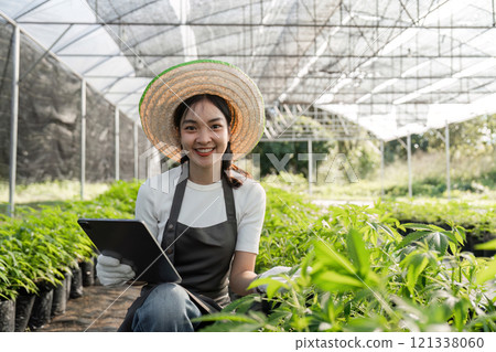 Young Woman Cultivates Herbal Garden Using Modern Technology in a Greenhouse Setting for Sustainable Agriculture Young Woman Cultivates Herbal Garden Using Modern Technology in a Greenhouse Setting for Sustainable Agriculture 121338060