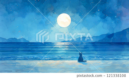 黑貓夜間在海邊望著美麗滿月的後景水彩插圖景觀 121338108