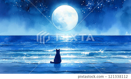 Watercolor illustration landscape of a black cat's back view gazing at the beautiful full moon at the seaside at night 121338112