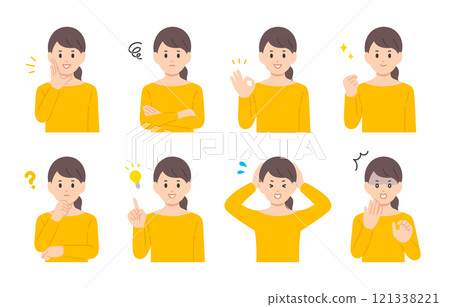 一組表情各異、姿勢各異的年輕女性【人物向量圖素材】 121338221