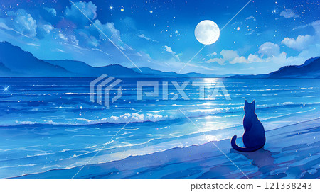 Watercolor illustration landscape of a black cat's back view gazing at the beautiful full moon on a lake at night 121338243