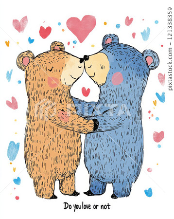 Cute bears hugging with hearts in background, expressing love and affection. This charming illustration captures sweet moment of connection and warmth 121338359