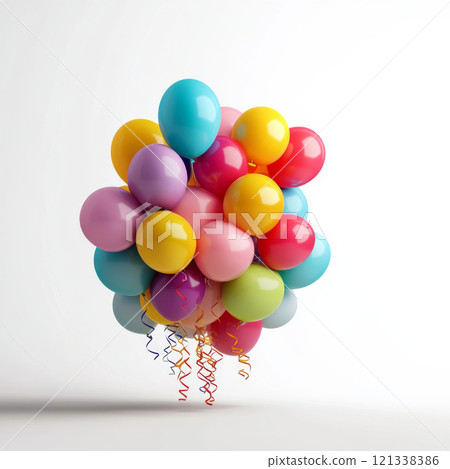 Colorful balloons in cluster with ribbons, perfect for celebrations and parties. vibrant colors create joyful atmosphere, ideal for birthdays and festive events 121338386