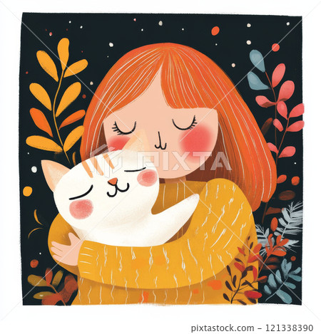girl with red hair hugs cute cat surrounded by colorful leaves. warm scene evokes feelings of love and comfort, showcasing cozy bond between them girl with red hair hugs cute cat surrounded by colorful leaves. warm scene evokes feelings of love and comfort, showcasing cozy bond between them 121338390