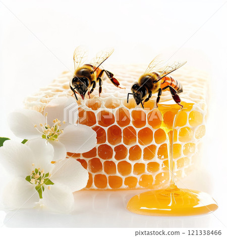 Two bees on honeycomb with honey dripping and white flowers nearby, showcasing natural beauty and sweetness of honey production 121338466