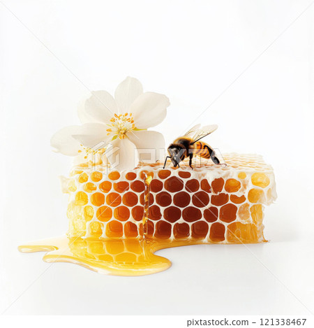 bee on honeycomb with white flower, showcasing nature beauty and sweetness. honeycomb is dripping with golden honey, highlighting intricate hexagonal pattern and bee role in pollination bee on honeycomb with white flower, showcasing nature beauty and sweetness. honeycomb is dripping with golden honey, highlighting intricate hexagonal pattern and bee role in pollination 121338467