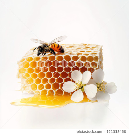 bee on honeycomb with dripping honey and white flowers, showcasing nature sweetness and beauty. intricate hexagonal pattern and vibrant colors highlight natural process of honey production bee on honeycomb with dripping honey and white flowers, showcasing nature sweetness and beauty. intricate hexagonal pattern and vibrant colors highlight natural process of honey production 121338468