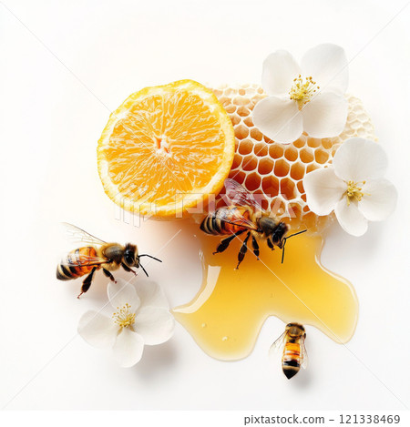 Honeycomb with honey, bees, orange slice, and white flowers on white background, creating fresh and natural composition Honeycomb with honey, bees, orange slice, and white flowers on white background, creating fresh and natural composition 121338469