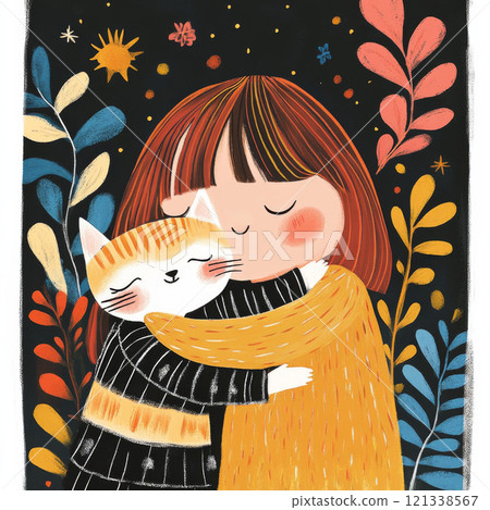 girl hugs cat under starry night sky, surrounded by colorful leaves and flowers, conveying warmth and affection girl hugs cat under starry night sky, surrounded by colorful leaves and flowers, conveying warmth and affection 121338567